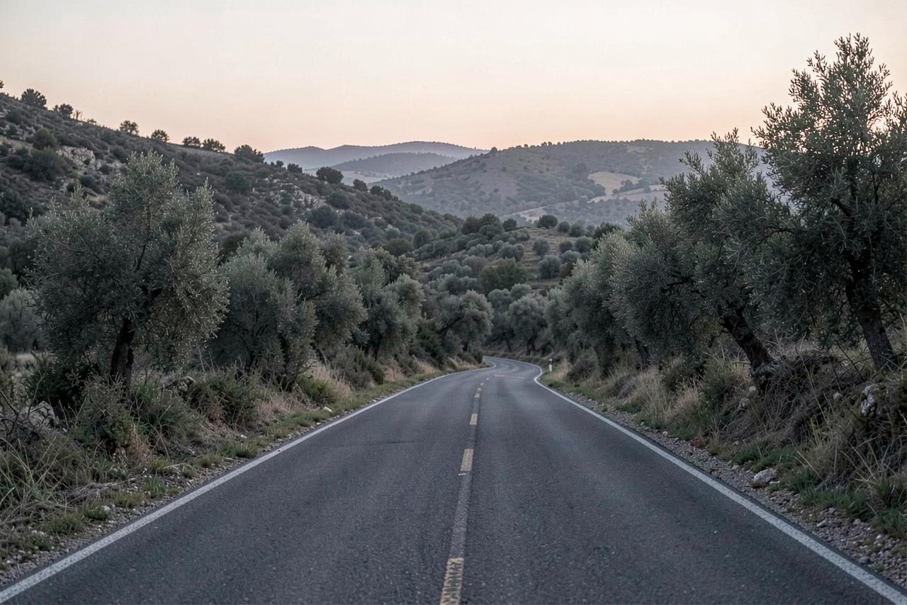 Ήρεμος δρόμος στην ελληνική ύπαιθρο το ξημέρωμα